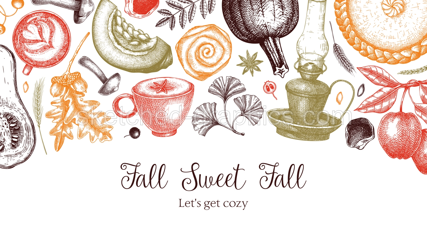  Thanksgiving background in color. Vintage autumn banner design template. Hand-drawn vector illustration. Pumpkin, hot drink, fruit, pie, pastry, fall leaves sketches. Illustration